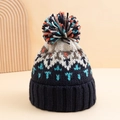 Bonnet en tricot bleu marine avec pompon coloré et motif géométrique nordique - Taille unique / café