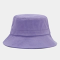 Detail of purple cotton bucket hat showing parallel brim stitching and metal eyelets - Deep purple