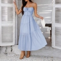 Elegant blue spaghetti strap high waist tiered dress for summer vacation and evening parties - S / Blue