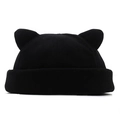 Detailed close-up of a black cotton docker hat featuring cute 3D decorative cat ears - 58-61cm (Stretchable) / Black