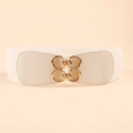 White elastic waist belt for women with elegant golden floral metal buckle closure - 19269 White-Pearl Flower Ring Buckle