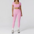 Pink seamless high-waist yoga set featuring a square neck crop top and matching leggings - S / Short Sleeve + Leggings / Bubble Pink