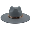 Dark grey wide-brimmed felt fedora hat featuring a rose gold acrylic chain decoration - Adult (57-60cm) / Light Grey (Acrylic)