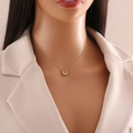 Close-up of golden heart pendant necklace with clear gemstone on model's neck - 5# Light Blue