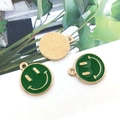 Green enamel smiley face charm with gold metal backing for DIY jewelry making - Small 12x14mm / Green