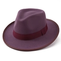 Detailed macro view of dark purple felt fedora hat with burgundy brim and decorative band - M (56-58cm) / Purple