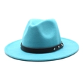 Detailed close-up of blue wide-brim wool fedora hat with black leather band and silver studs - M (56-58cm) / Lake Blue