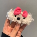 Cute white plush puppy hair clip with pink bow and soft faux lamb wool texture - White