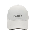 Detailed close-up of grey PARIS embroidery on a premium white cotton baseball cap - M (56-58cm) / White
