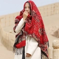 Ethnic style red thick cashmere shawl with paisley patterns and black tassel fringe - Peony Flower 5