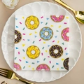Square party napkin with colorful donut print and candy sprinkles on a ceramic plate - Colorful Donuts (1042)