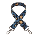 Detail of blue leopard jacquard woven strap with dark metal swivel hooks and adjuster - Sea Blue + Gunmetal Buckle