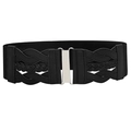Women's wide black elastic belt with leather weave details and silver metal buckle - Black