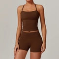 Ensemble de yoga marron chocolat pour femme avec brassière licou et short ajusté - S / Haut Et Bas / Débardeur + Short Brun Chocolat