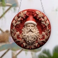 Christmas Santa Claus acrylic hanging ornament with 3D embossed ceramic style and silver chain - Style 03-Festive Red and Blue / 15*15cm
