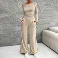Beige two-piece Y2K set with off-shoulder long sleeve top and wide leg pants - S / Khaki