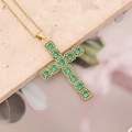 Cross pendant necklace in gold finish with round green zircon stones on stone base - 6#Green
