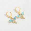 Golden dragonfly hoop earrings with light blue enamel and white zircon accents - Blue Dragonfly (ES2709)