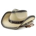Cappello da cowboy in paglia beige con tesa sfumata e fascia in pelle con fibbia in metallo - M(56-58cm) / Beige-Nero