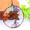 Handmade copper wire tree of life pendant with colorful natural crystal stones - Bronze Curved Root
