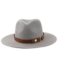 Classic grey panama straw hat with dark brown leather band and gold metal buckle - Grey (Coffee Leather Band)