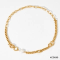 Gold plated mismatched chain necklace with pearl accent and toggle clasp closure - Pearl Splicing Multi-Layer Chain OT Clasp Necklace (KCD830)