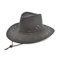 Detail of black faux suede cowboy hat with contrast stitching and adjustable chin strap - Black