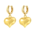 Detailed close-up of shiny gold-plated heart pendant earrings on a clean white background - VE1305 Gold Heart Dangle Earrings