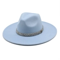 Close-up of sky blue wool felt fedora featuring a silver sequin band and 'M' metal logo - M (56-58cm) / Sky Blue