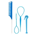 Blue 4-piece hair styling tool set with tail comb, hair loop tools, and elastic cutter - Blue 4-Piece Set
