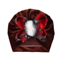Dettaglio turbante in velluto per neonati con fiocco scozzese rosso e pompon bianco - Marrone Scuro