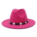 Close-up of rose red wool fedora hat featuring a black leather belt with silver studs - Rose Red