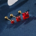 Set de tres pendientes de circonita roja cuadrada con cierre de rosca dorado - Grande (aprox. 1,0 cm) / Chapado en Oro de 14K (Piedra Roja)