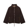 Detail of coffee brown faux shearling jacket with high collar and large patch pockets - XS / Tops / Dark Brown