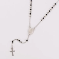 Detail of silver religious rosary necklace with black beads and a polished cross pendant - Two-tone Black
