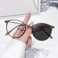 Retro brown round frame glasses with photochromic lenses showing clear to grey tint change - Photochromic Grey / Khaki Brown Silver Frame