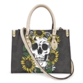 Brown tote bag with skull and sunflower digital print and off-white leather handles - Sunflower Skull - Off-White Strap