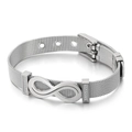 Silver mesh bracelet with infinity symbol and crystals on white background - Large Infinity & Rhinestones (KB117326-KFC)