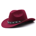Detail of maroon wool cowboy hat with handcrafted beaded leather band and curved brim - Burgundy