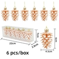 6er-Set verschneite Tannenzapfen-Weihnachtsanhänger in Orange mit Goldhaken - 6 Stk/Box / Champagner