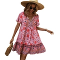 Bohemian V-neck floral dress in pink and orange floral print with layered ruffle hem - S / Red