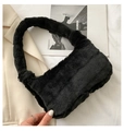 Close-up of fluffy black faux fur shoulder bag texture with minimalist plush strap - Black