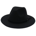 Detail view of the black wool fedora hat featuring a decorative ribbon and metal buckle - L (59-61cm) / Black