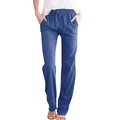 Detail view of blue cotton linen pants featuring drawstring elastic waist and side pockets - S / Blue