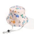 Detail of beige kids bucket hat with dinosaur pattern and adjustable windproof strap - 50CM(0-5 Years) / Camel