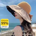 Women's UV protection sun hat with wide brim, khaki patchwork, and large bow decoration - Khaki Portable Bag