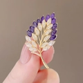 Elegant wheat leaf brooch in gold with purple and clear marquise-cut crystals - 335# Wheat Ear