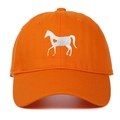 Close-up of orange cotton baseball cap featuring detailed white horse and heart embroidery - Adjustable / Orange