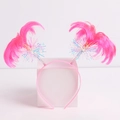 Detailed view of pink feather party headband with laser tinsel and metallic springs - Headband / Pink Wig