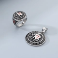 Set de anillo y colgante escudo de acero retro con cruz roja y grabado bíblico - Talla 7 / Conjunto de Joyas Color Acero